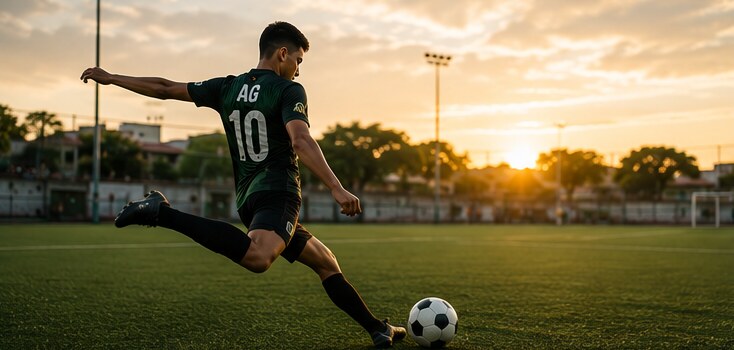 Jugador rematando a portería al atardecer