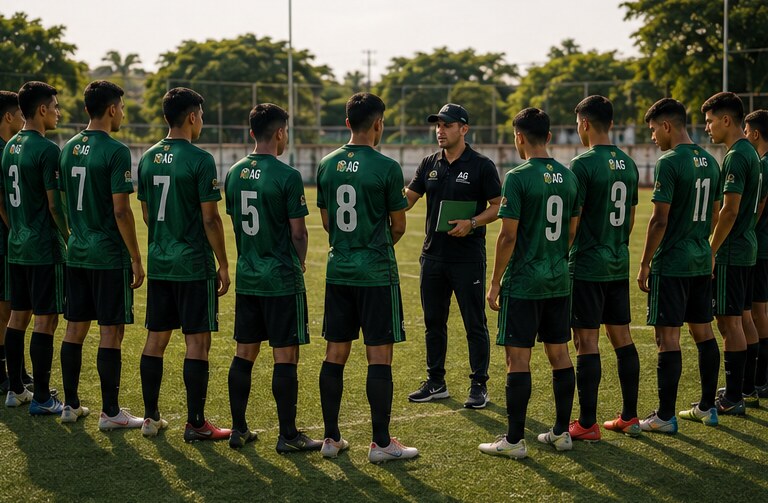 Equipo reunido con su entrenador antes del partido